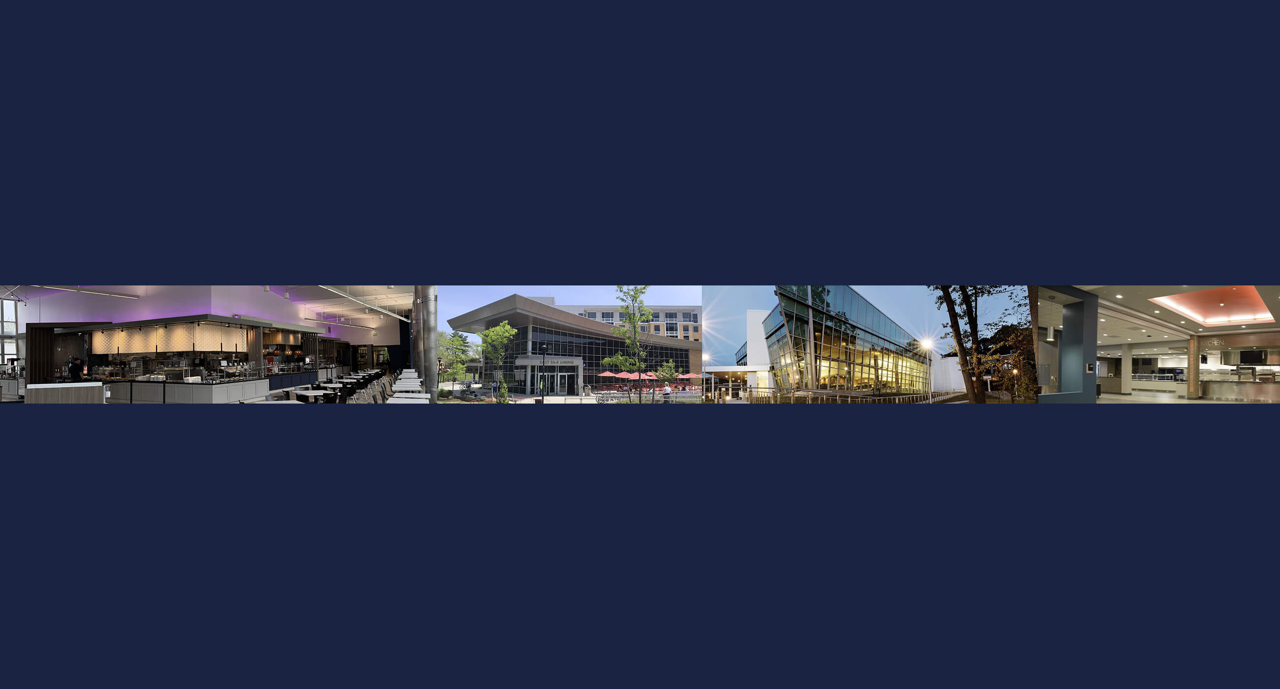 A panoramic image featuring an interior dining area, an exterior glass building with seating, and an interior kitchen space, all showcasing modern architecture.