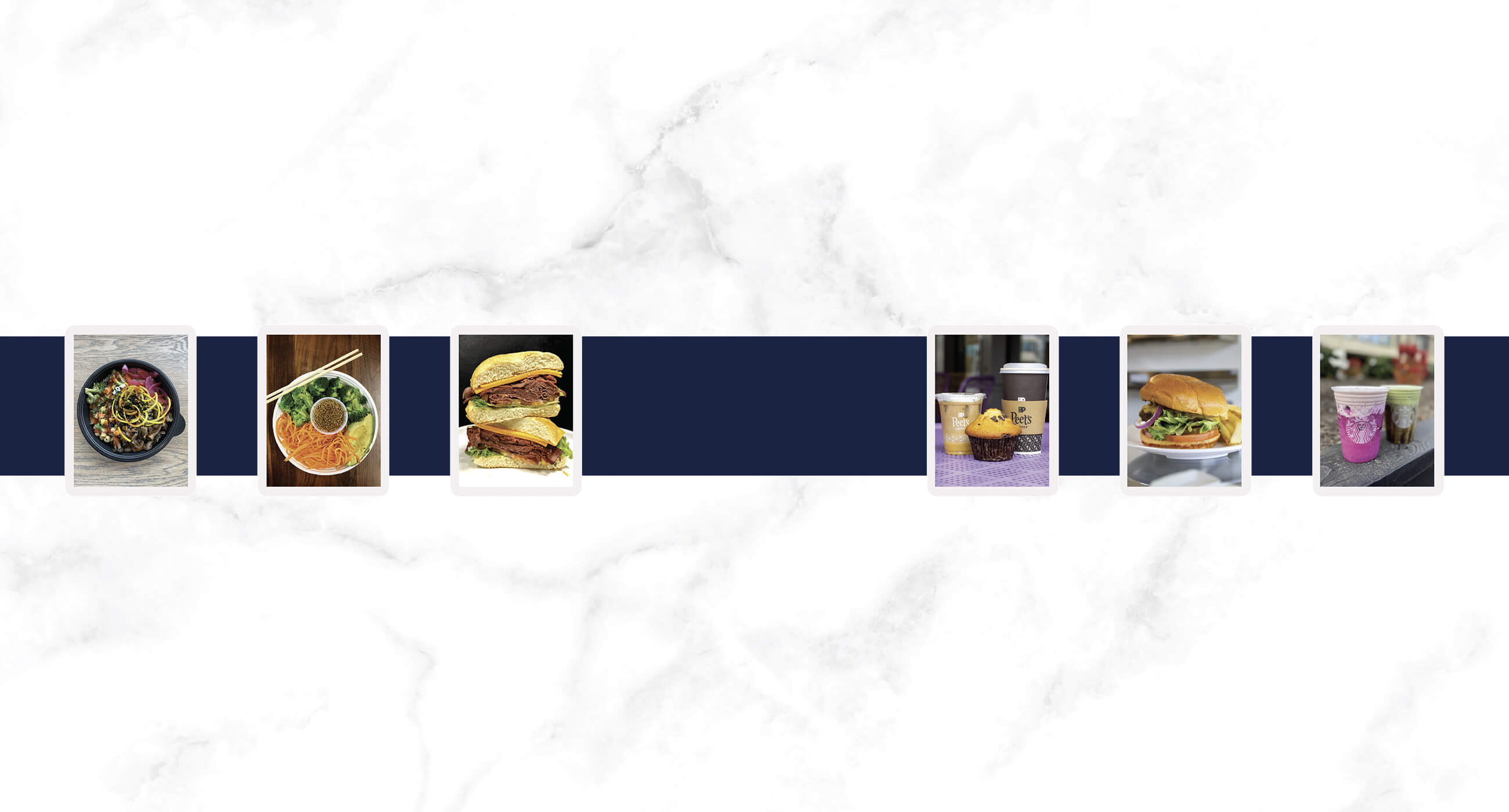 six food items including a noodle bowl, burger, sandwich, coffee and pastries on a navy background