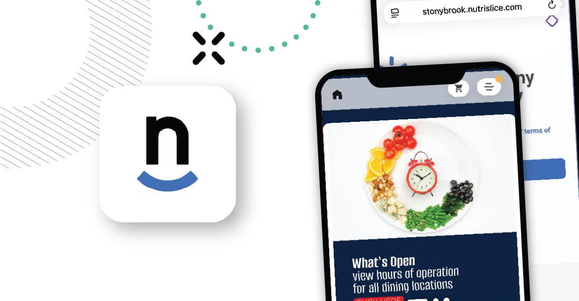 A smartphone displaying a plate of colorful fruits and vegetables alongside a clock, with a large "n" app icon nearby and decorative graphic elements