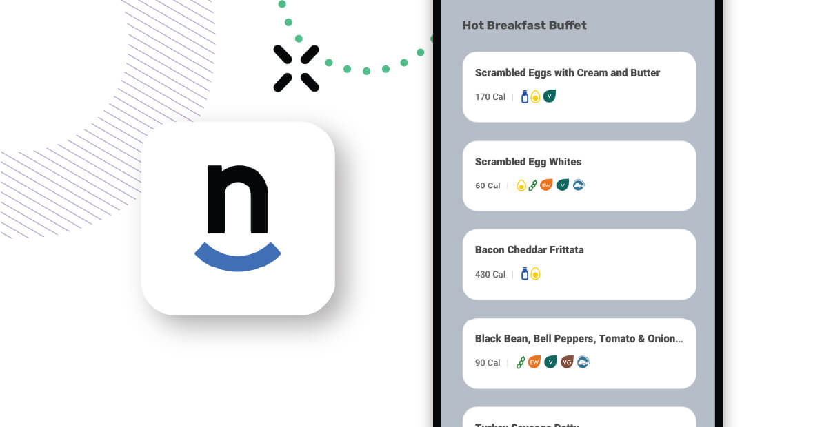 Digital breakfast menu with items, calorie counts, and dietary symbols on a gray background, alongside a stylized app icon