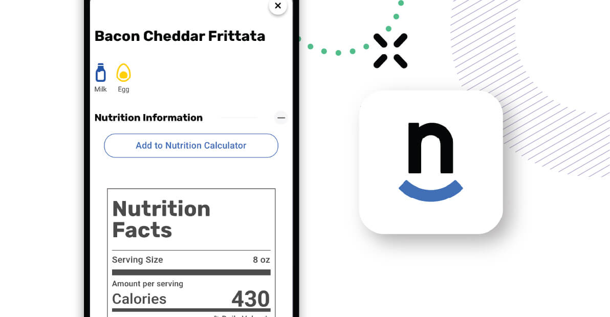 A mobile phone screen showcasing "Bacon Cheddar Frittata" nutritional information