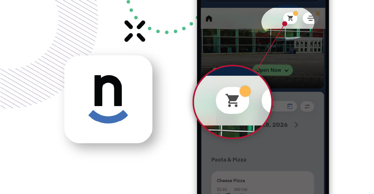 Mobile app interface showing a shopping cart icon with notification