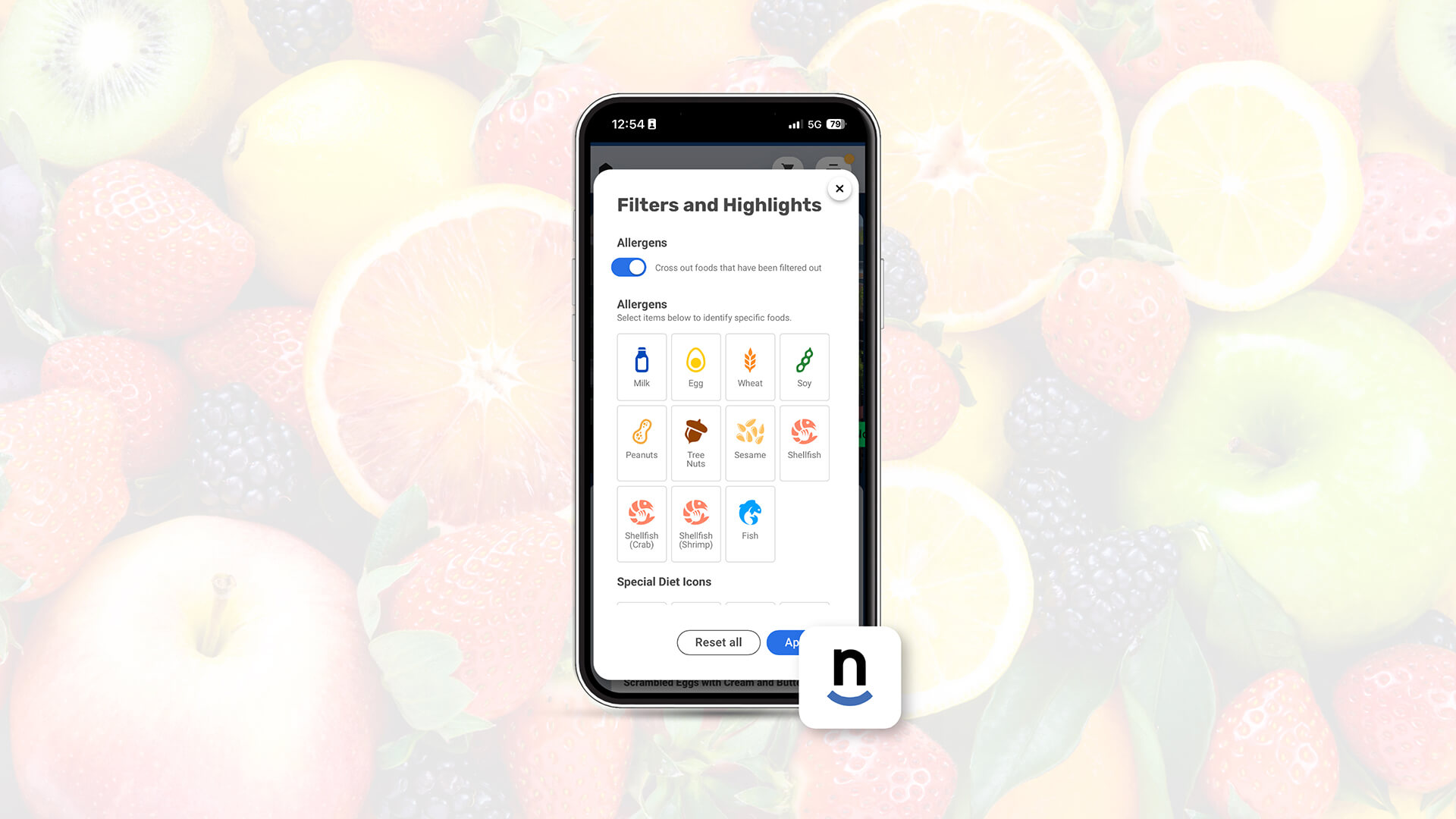 screenshot of the nutrition calculator in Nutrislice on vibrant fruit background