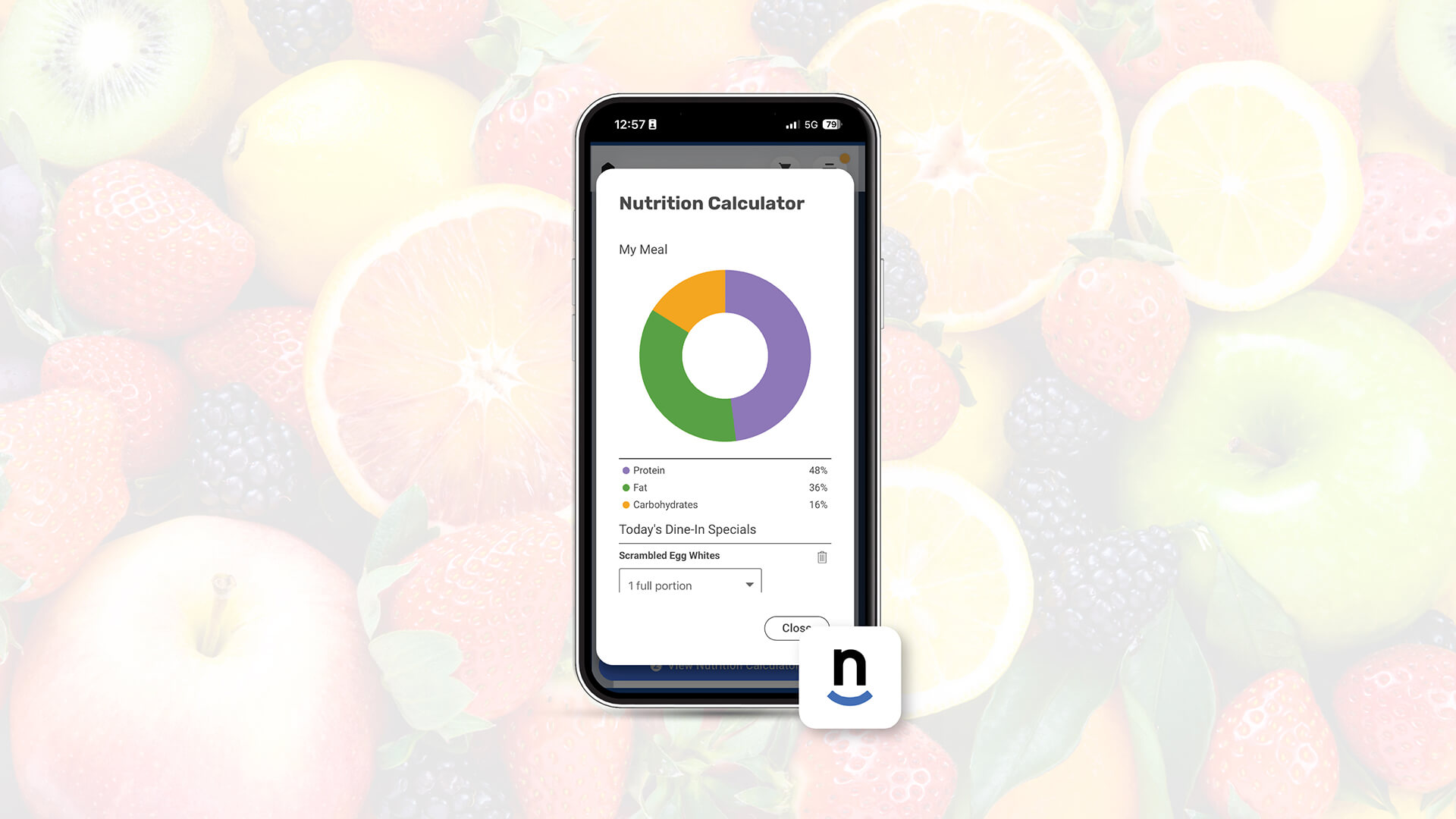 screenshot of the nutrition calculator in Nutrislice on vibrant fruit background