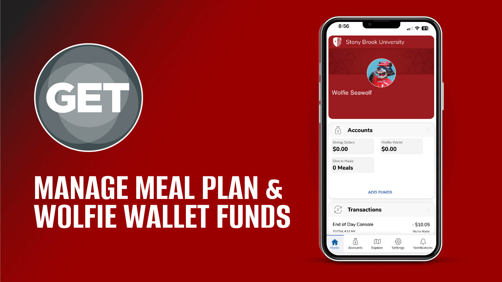A smartphone displaying the GET app for Stony Brook University, set against a red background