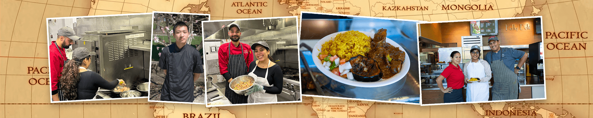 Collage of people in kitchen settings and a plate of food with rice and meat