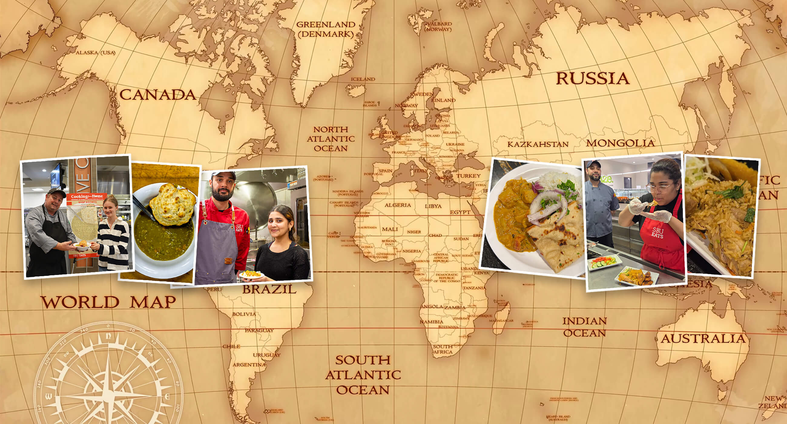 A world map with sepia tones surrounded by four photos of culinary scenes, including people collaborating in food preparation and various dishes.