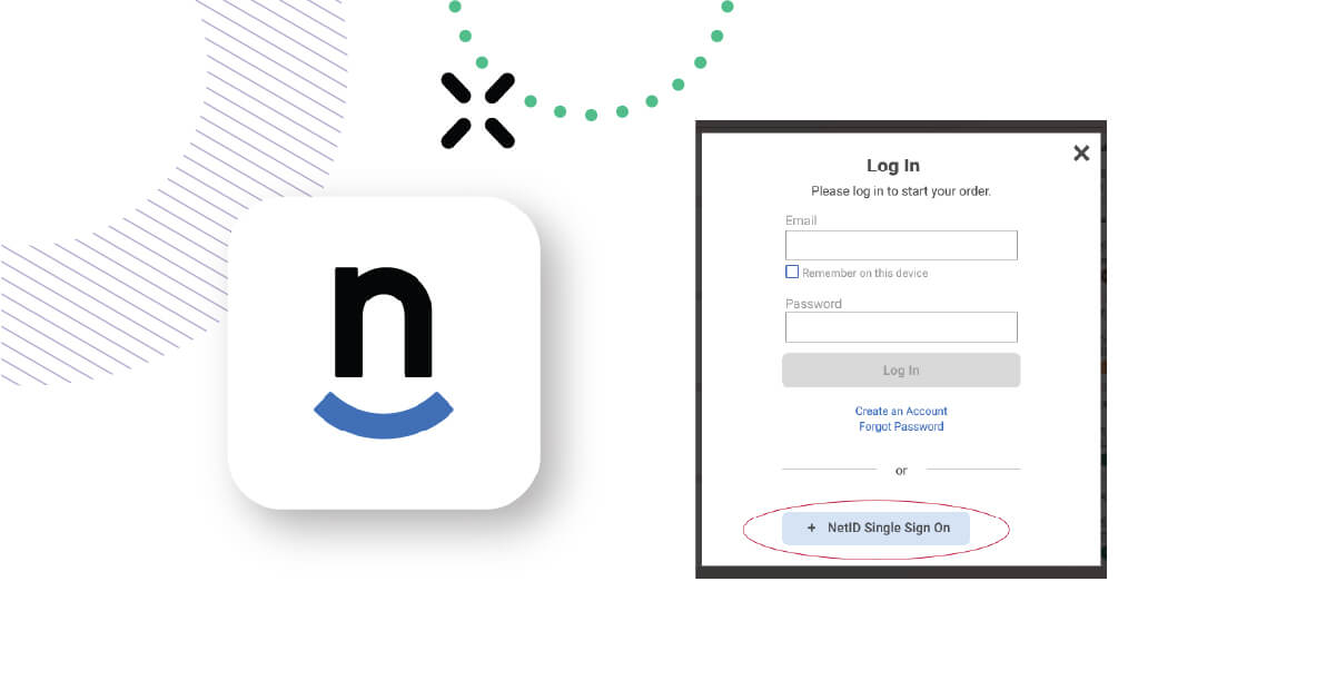 Login interface featuring email and password fields, a "Log In" button, and a "NetID Single Sign On" option highlighted in red