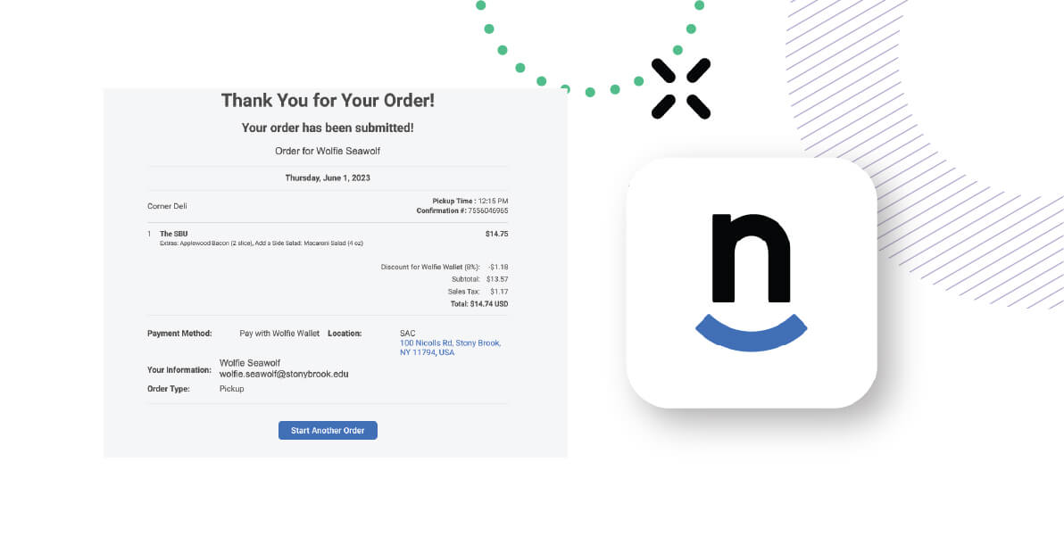 Digital order confirmation showing customer's details, order items, prices, and a button to start another order