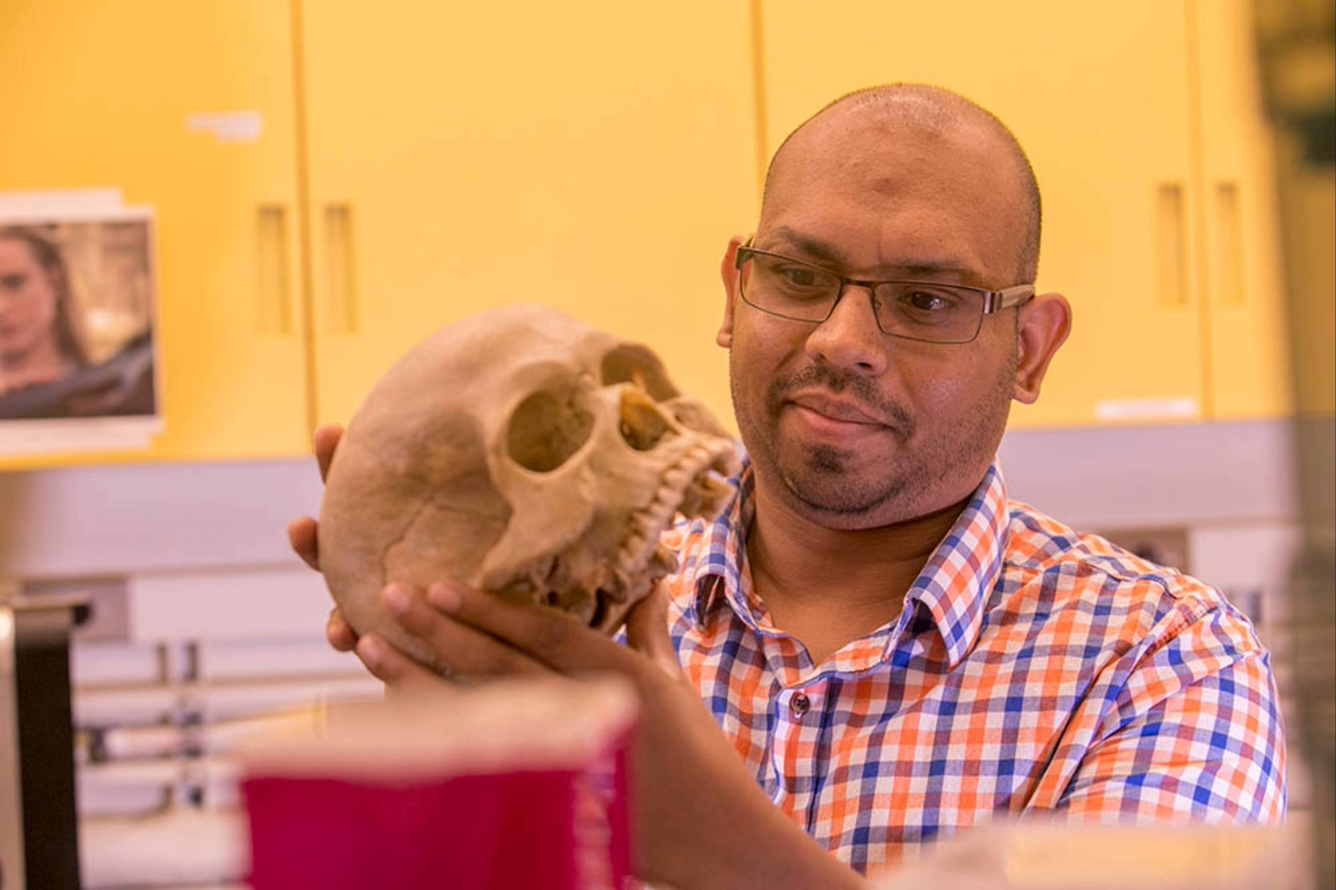 Dr. Krishna Veeramah examining a skull in his lab.