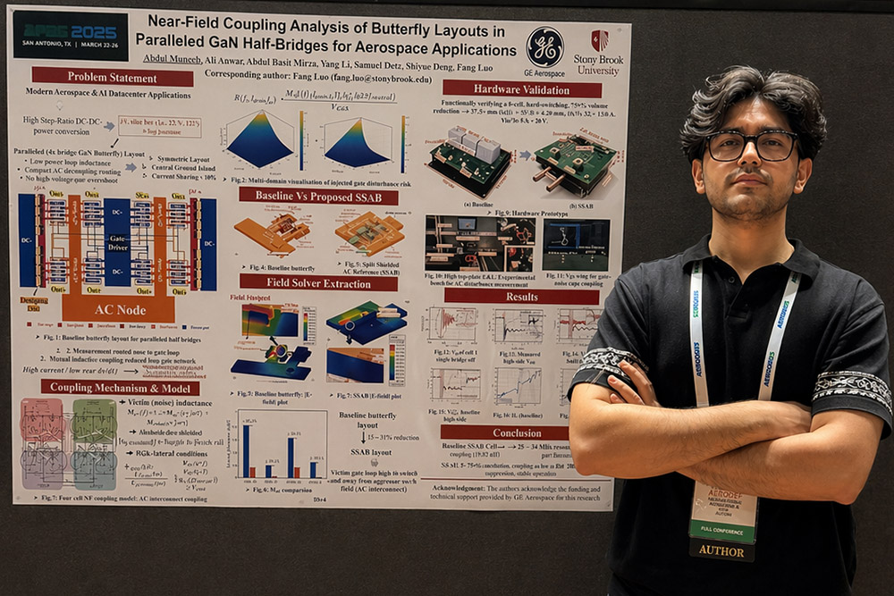 Student standing in front of research poster.