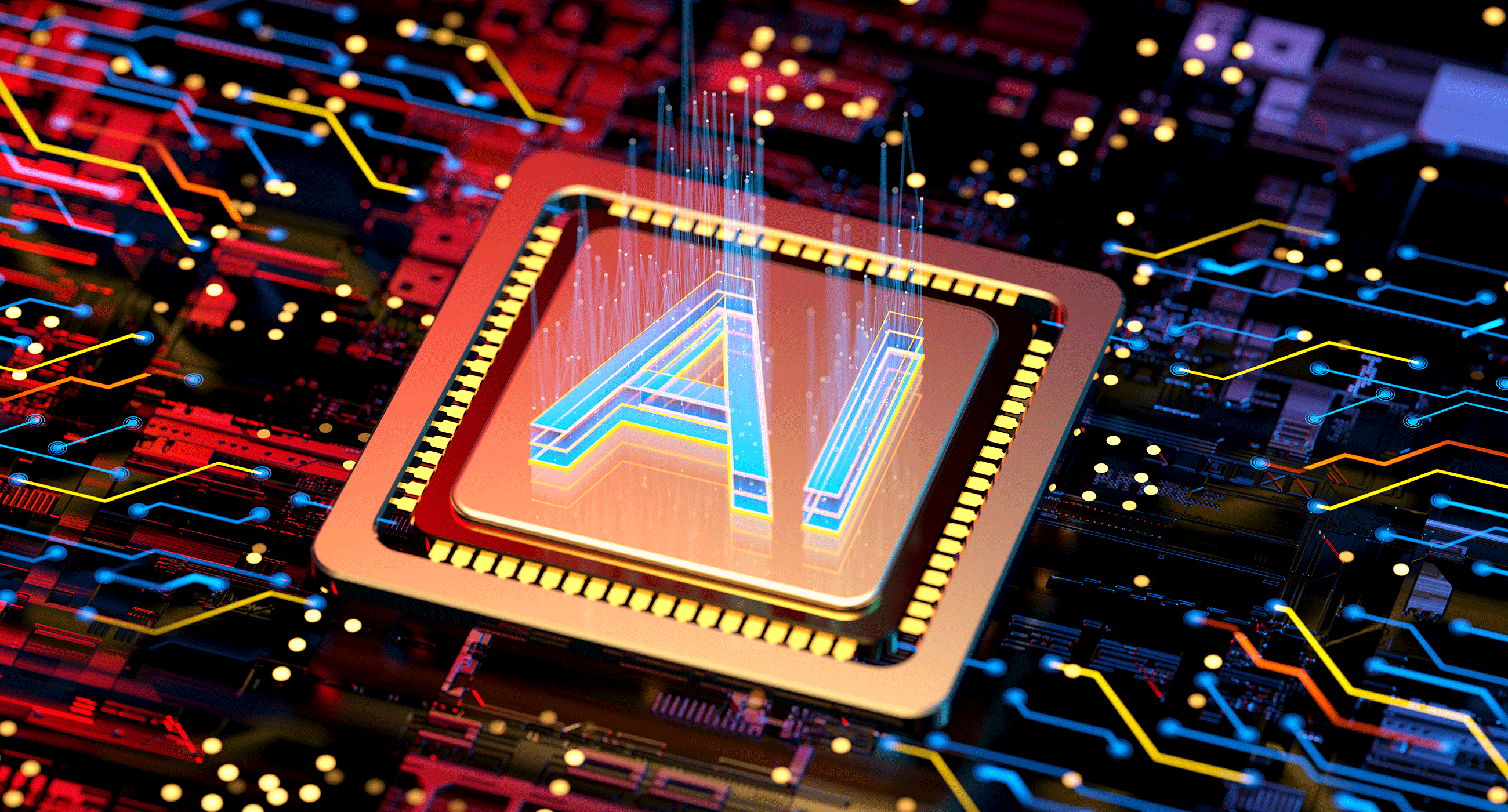 A digital rendering of a futuristic microchip labeled "AI" glowing with blue and orange light, integrated into a dark circuit board featuring vibrant, high-speed data trails in orange, yellow, and blue.