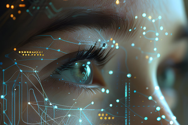A close-up of a person's eye with a futuristic technology overlay, featuring circuit lines and glowing dots.