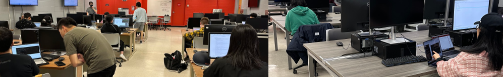 Two photos combined as a collage, showing students working on computers in the undergraduate CAD Linux lab.
