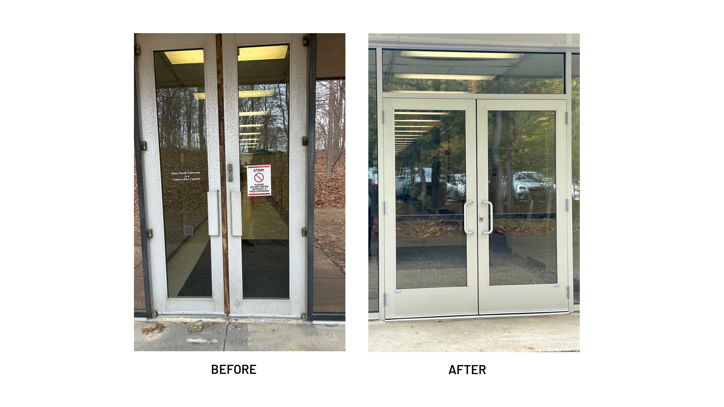 Before and after showing previous older model door and newer ada compliant door