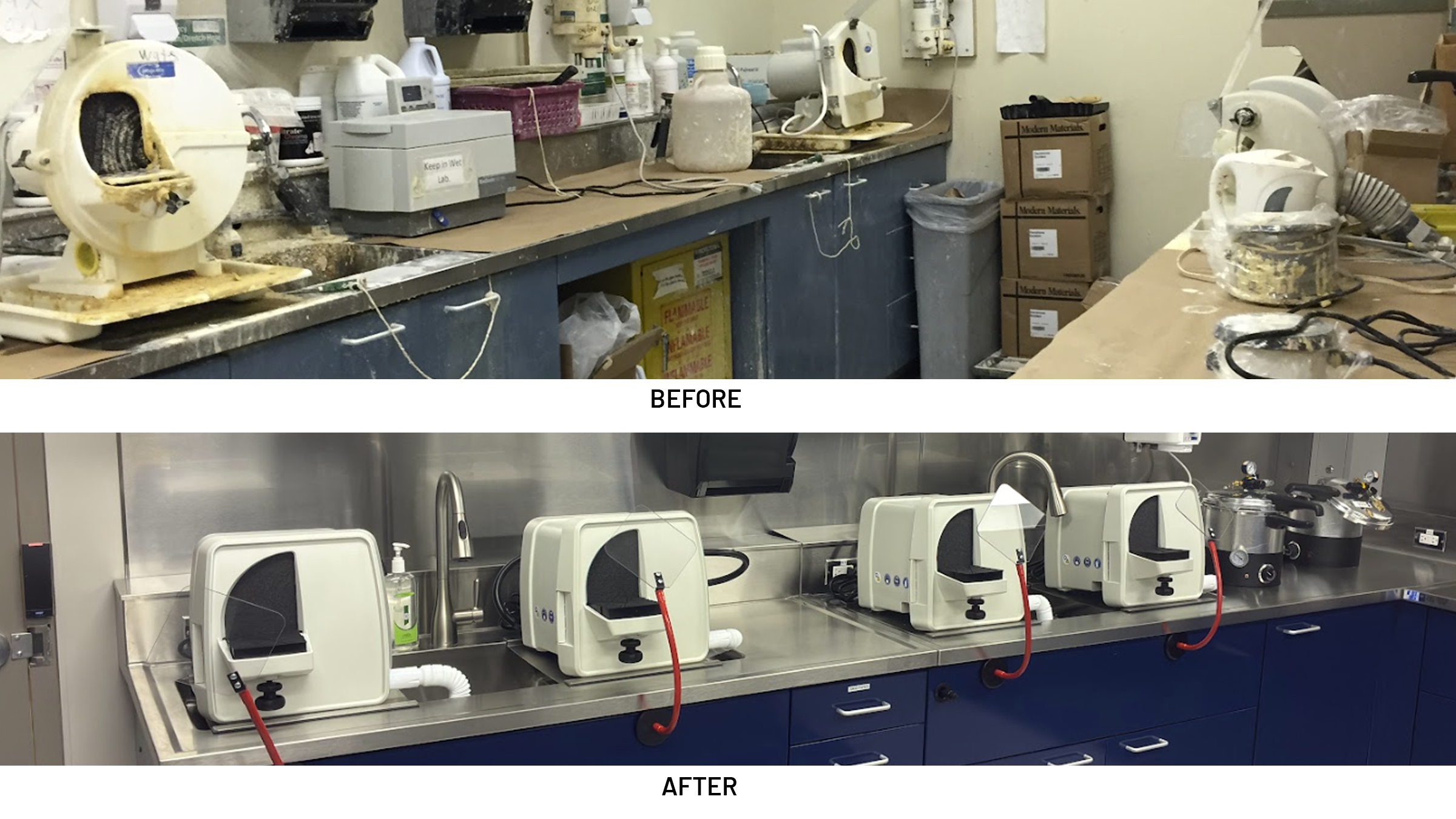 Before and after showing renovated lab stations