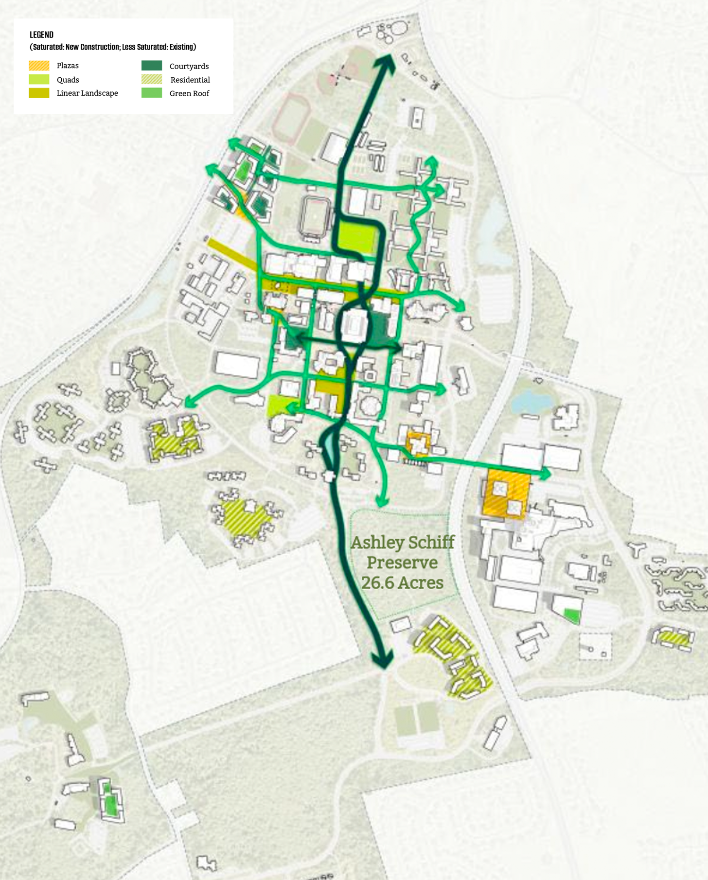 image showing planned areas of improvement to open spaces on stony brook campus
