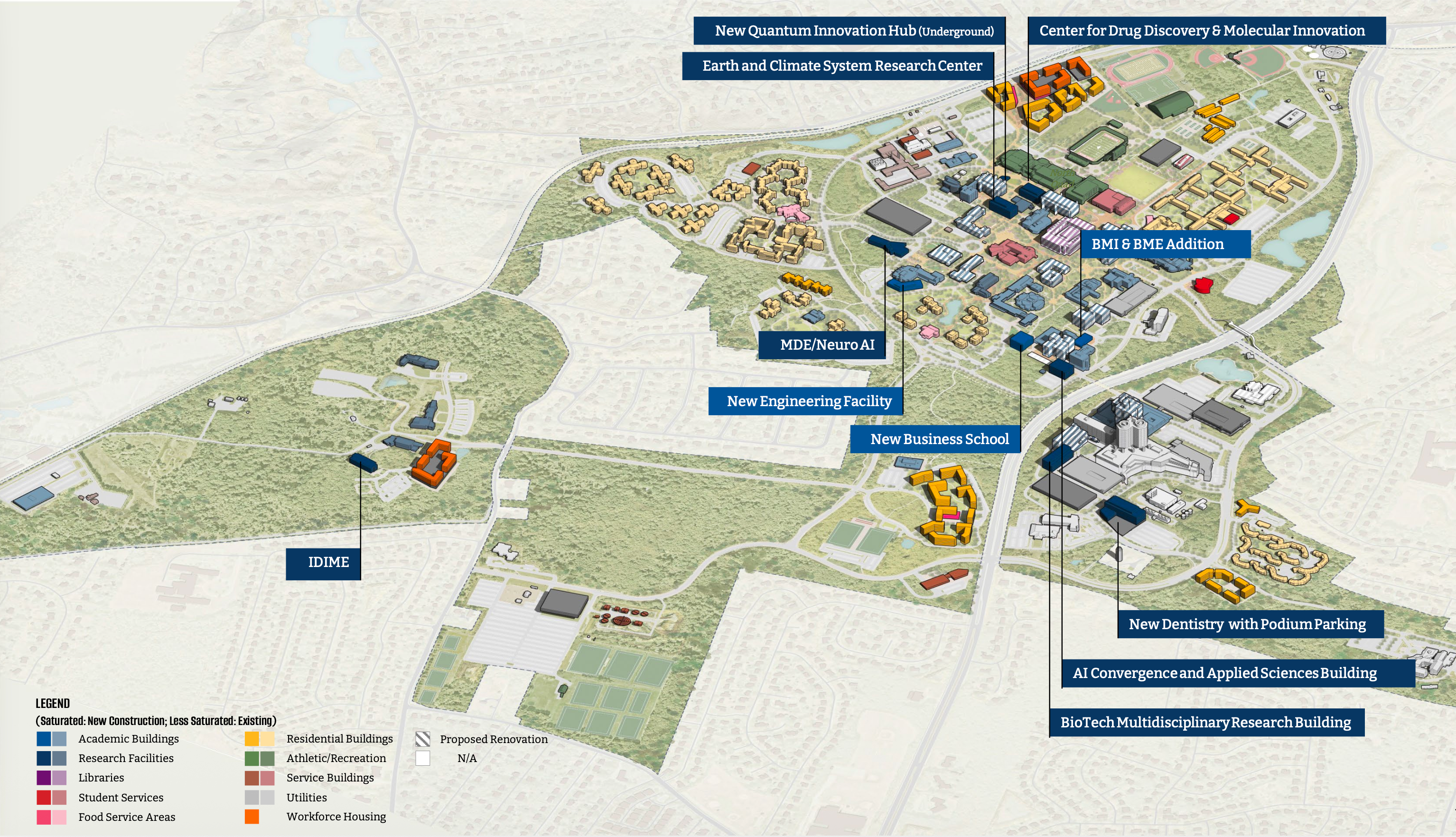 diagram showing planned new buildings on Stony Brook's west campus