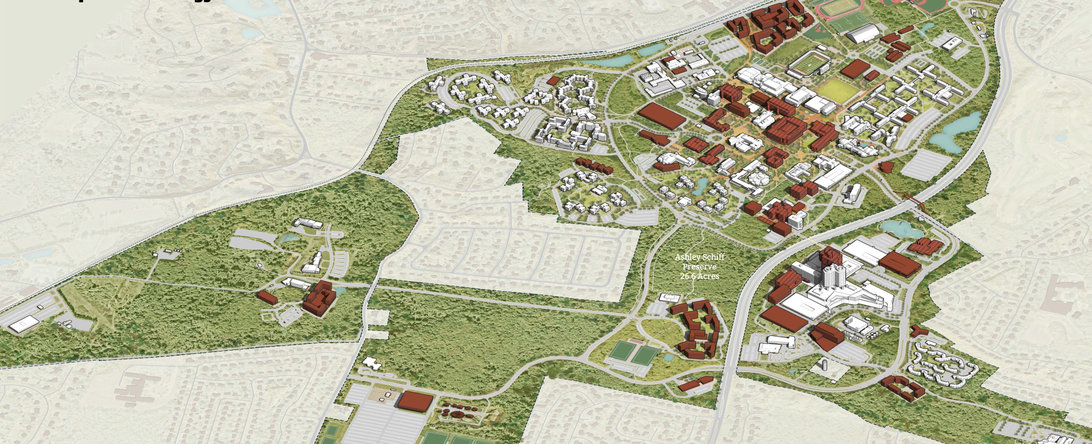 aerial illustrated diagram of main stony brook campus with building additions
