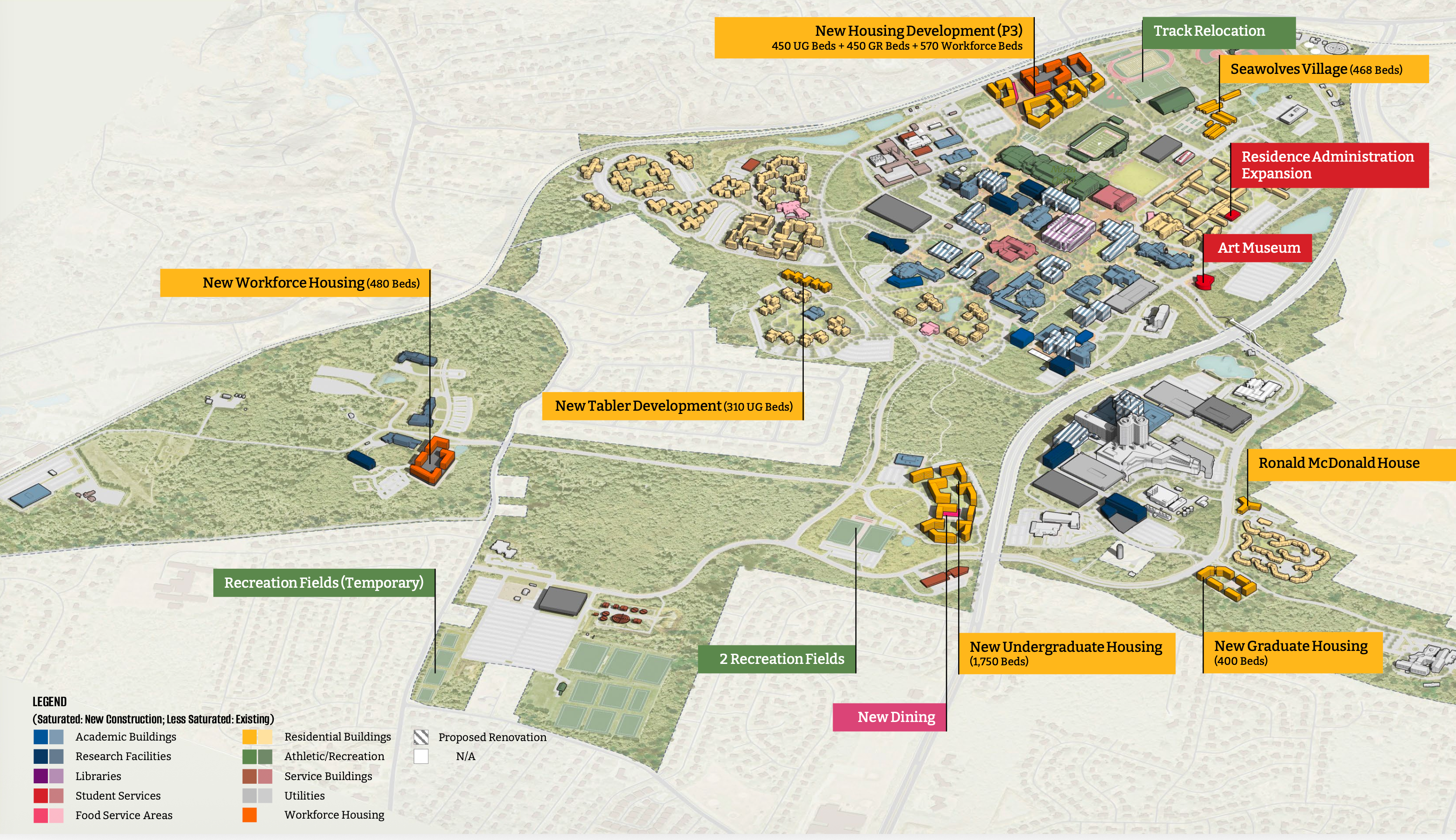 diagram showing planned new housing buildings on Stony Brook's west campus