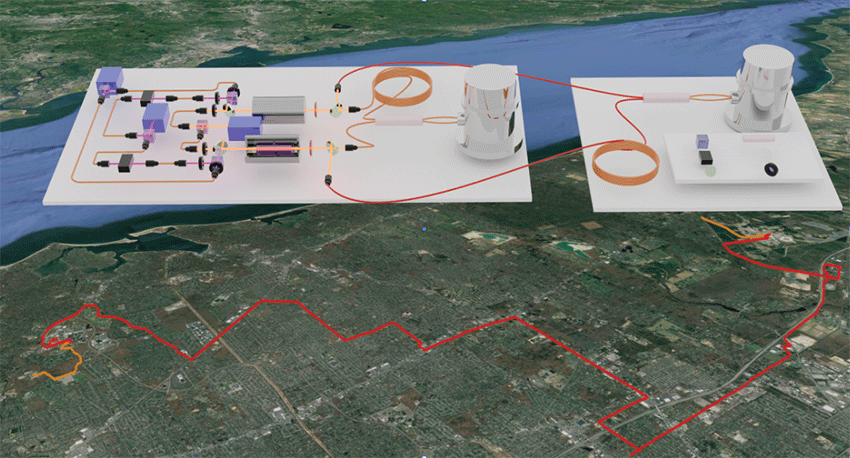 An aerial map overlaid with a diagram of laser hardware and fiber optic spools.