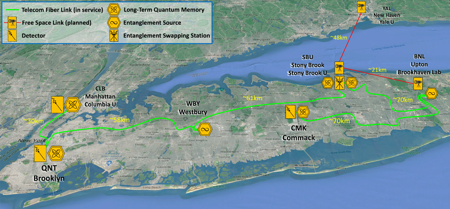 A satellite map outlines the regional Long Island Quantum Network infrastructure, connecting research facilities across New York and Connecticut.