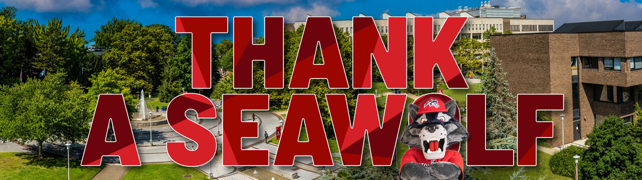 Stony Brook University campus with "Thank a Seawolf" graphic overlayed