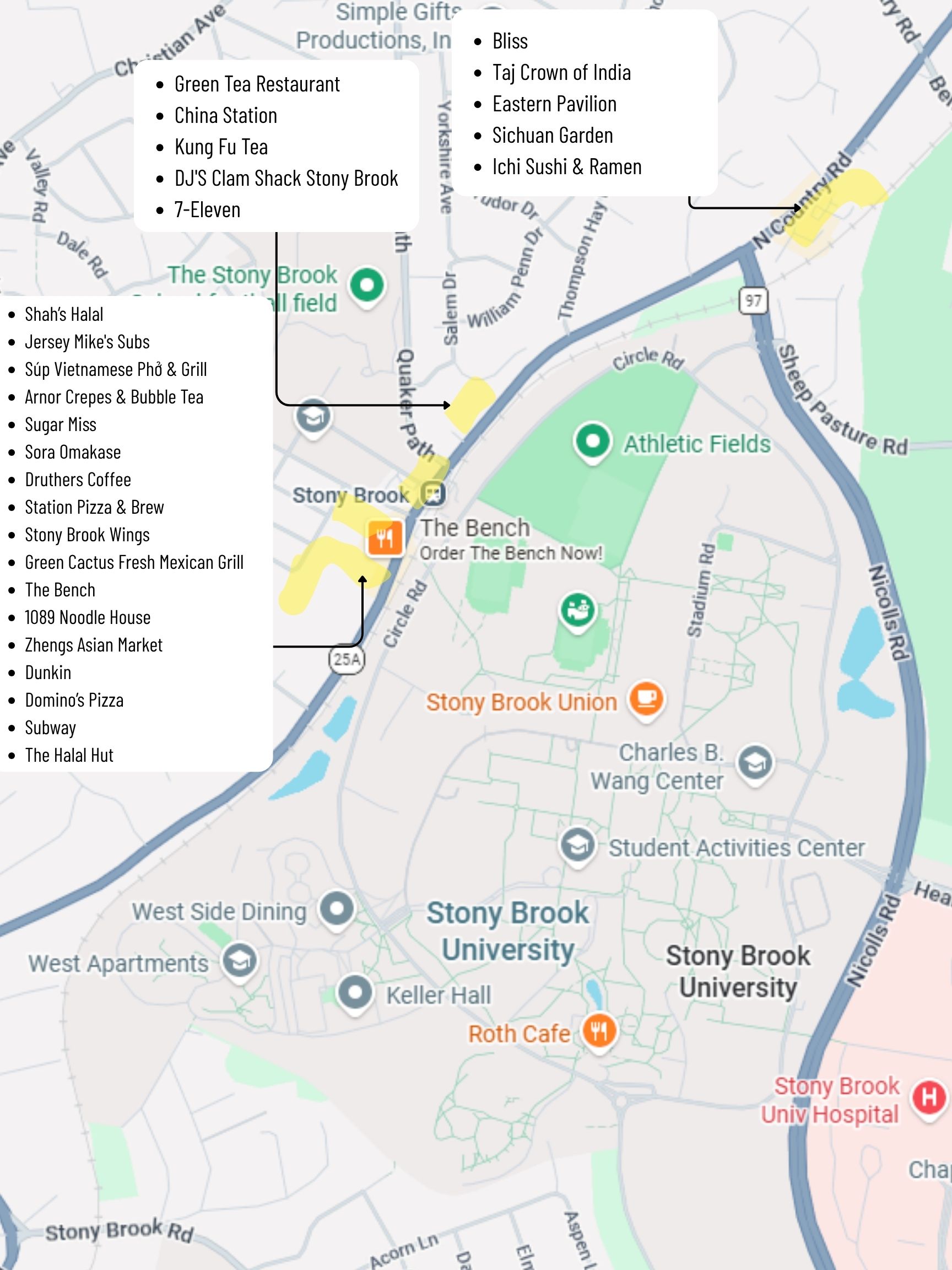 Restaurants Close to SBU Map of SBU campus with nearby restaurants listed