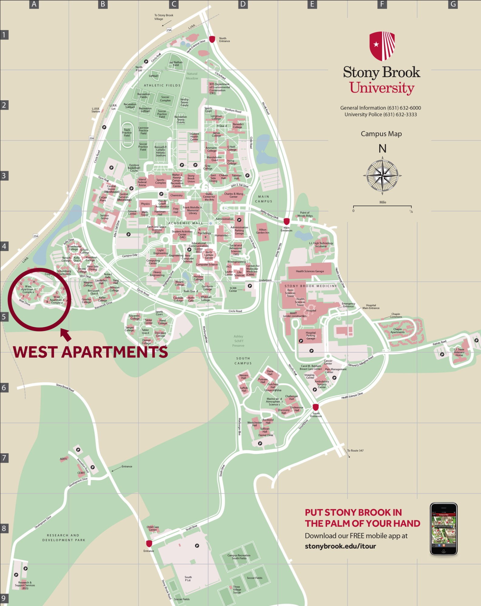 Stony Brook University campus map with West Apartments circled in red
