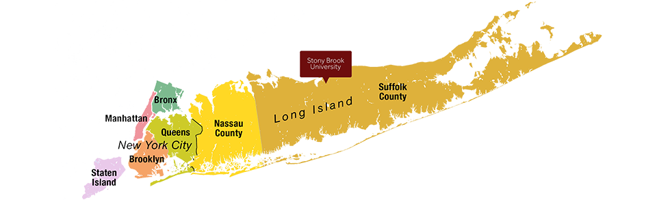 Map of Long Island, NY with a star next to Stony Brook University 