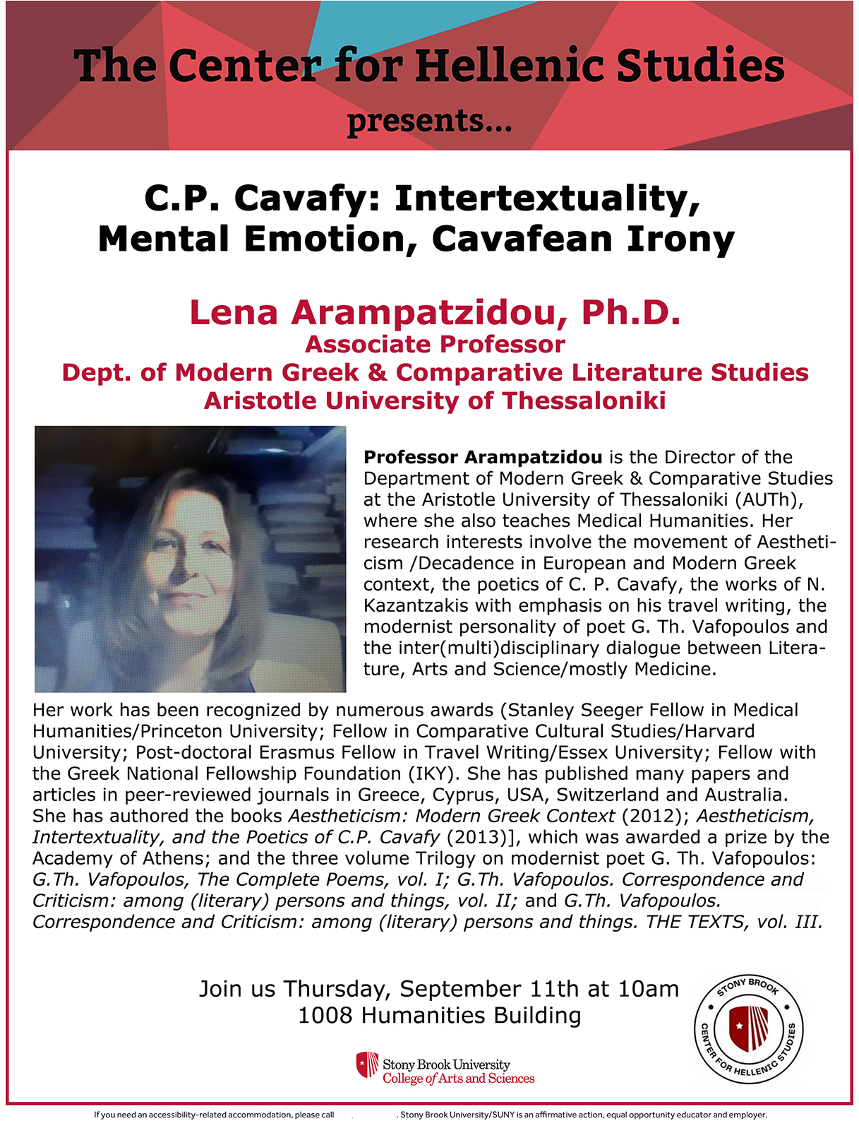 Intertextuality, Mental Emotion, Cavafean Irony lecture flyer