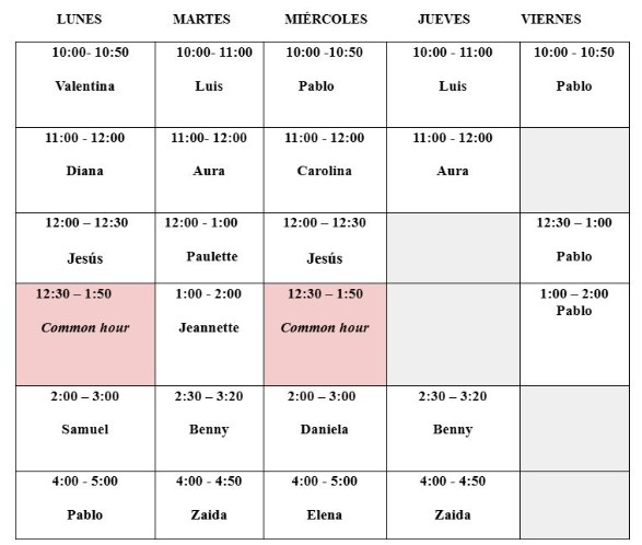 Weekly schedule table displaying designated times for various individuals across Monday through Friday.