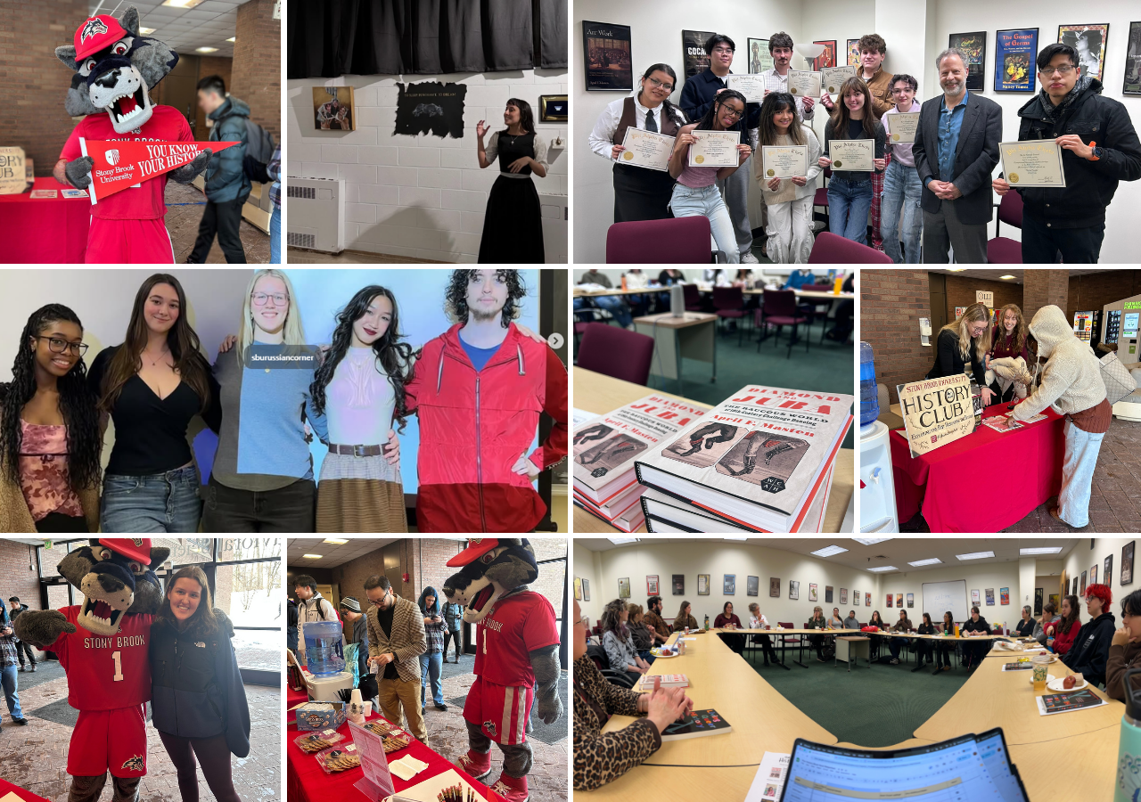 Collage of various events including the Stony Brook University mascot, presentation and certificate ceremony, people posing, and History Club promotion.