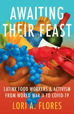 Book cover "Awaiting Their Feast" by Lori A. Flores with illustrations of food and wine