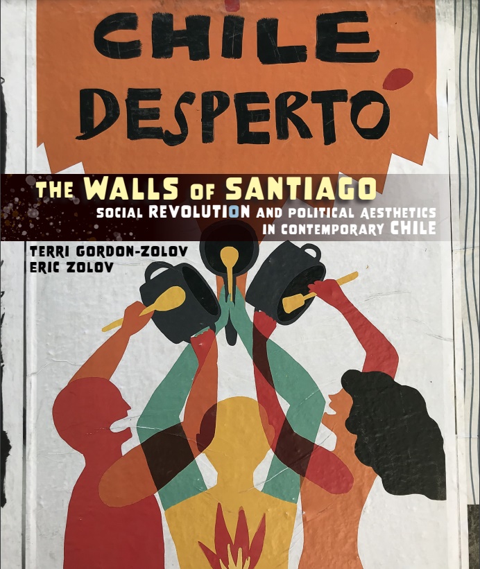 Book cover with illustration of four people in protest, raising pots and spoons, titled "The Walls of Santiago."