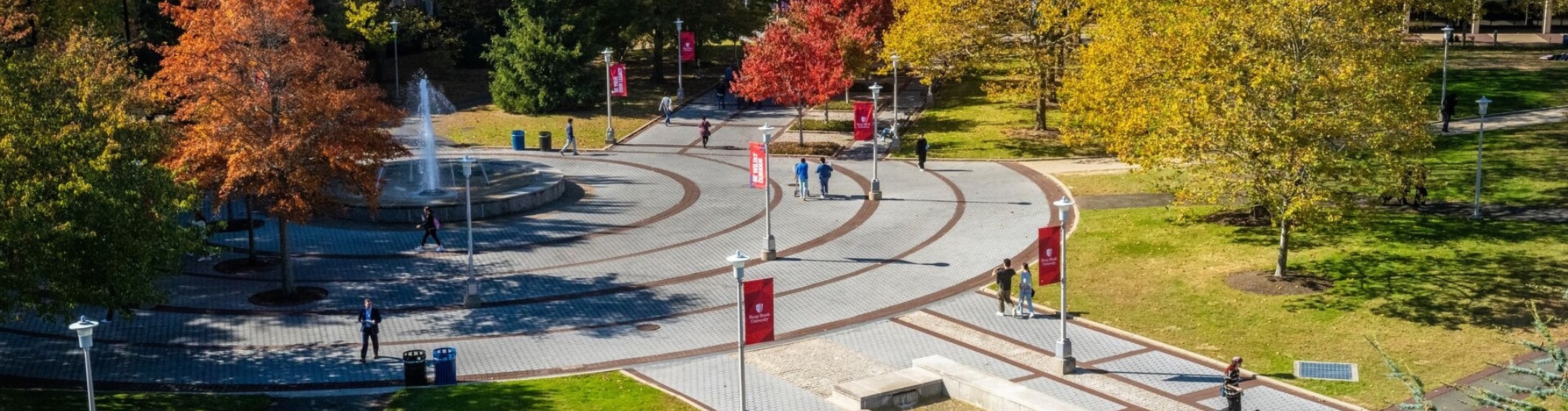 A bird's-eye view of SBU's Academic Mall during fall foliage season
