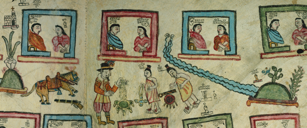 Manuscript illustration depicting people trading as well as a horse, gun, and other pictograms