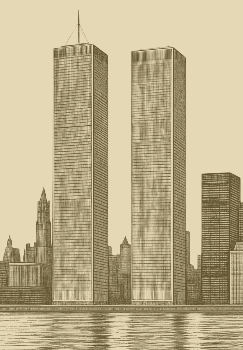 etching of the World Trade Center Twin Towers