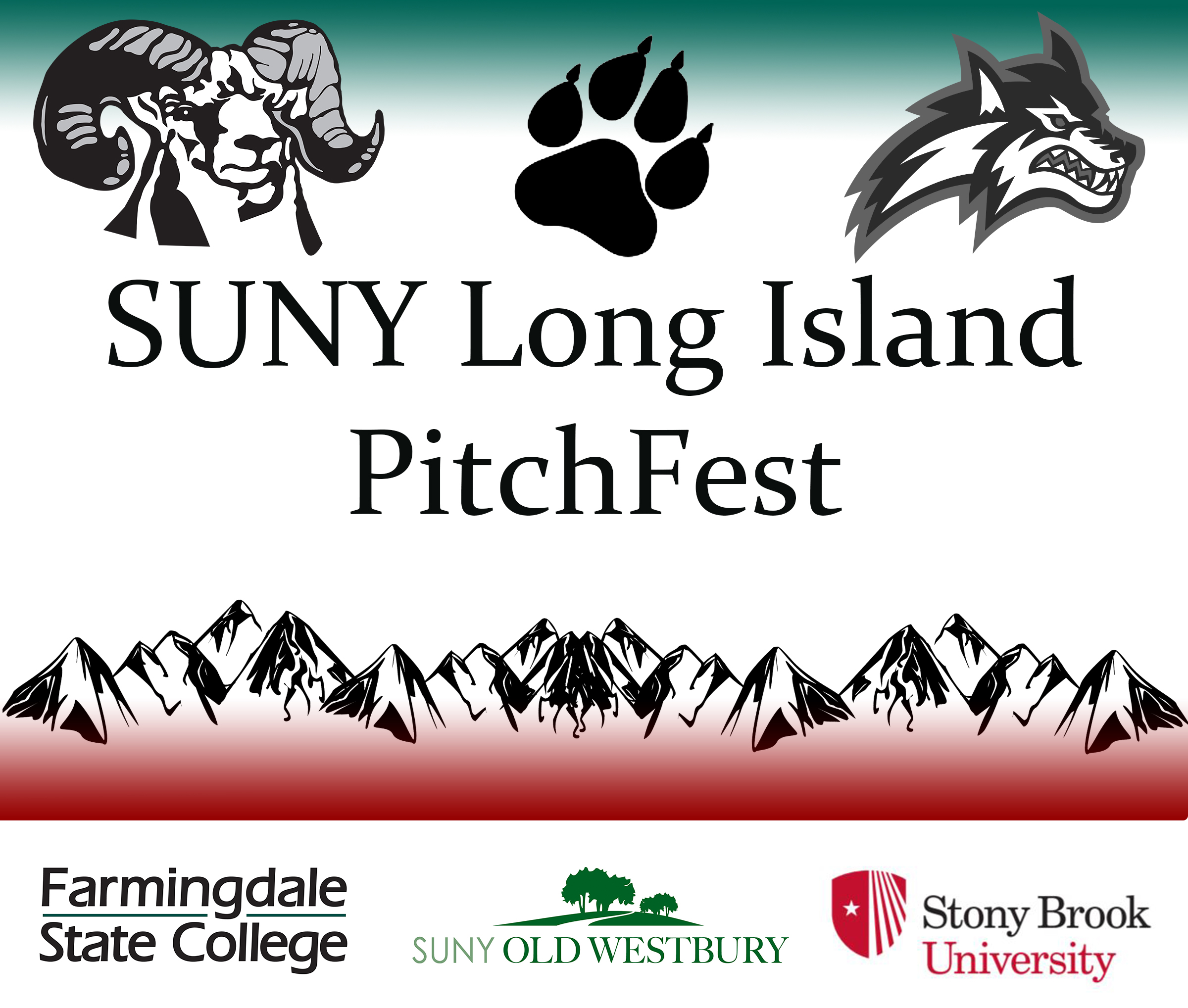 Promotional graphic for the "SUNY Long Island PitchFest" featuring logos, mountain graphics, and event title.