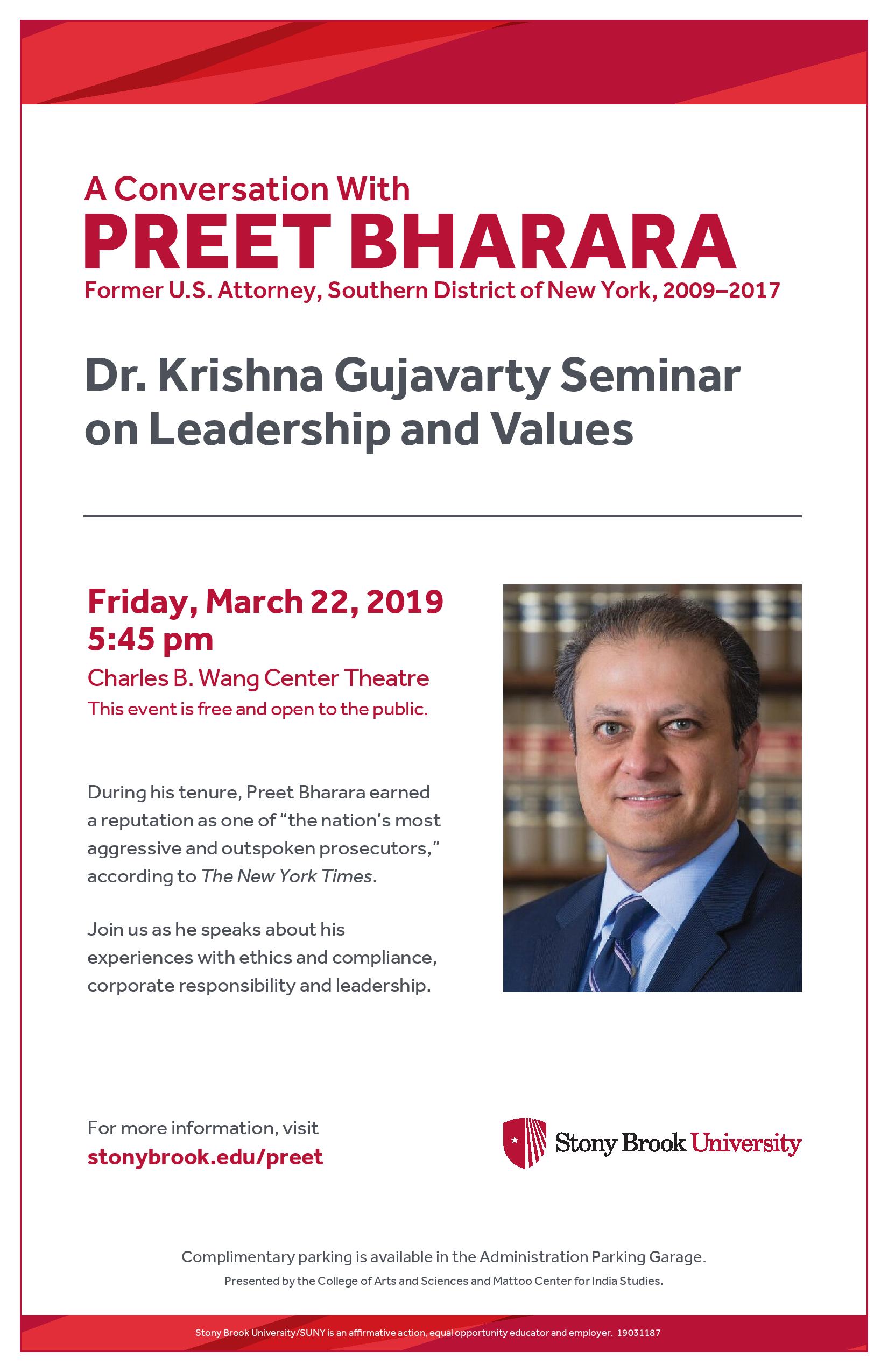 Flyer that says "A conversation with Preet Bharara Former US Attorney"