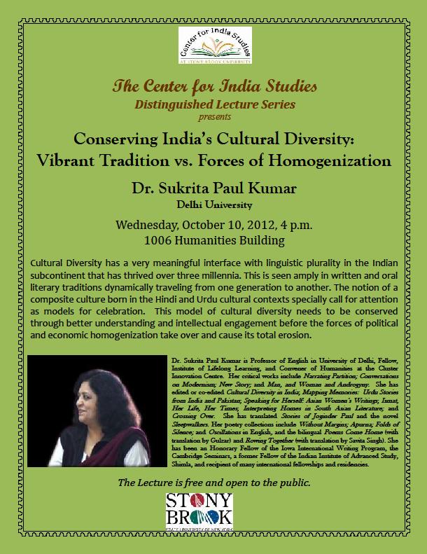 Flyer that says "Conserving India's Cultural Diversity: Vibrant Tradition vs. Forces of Homogenization"