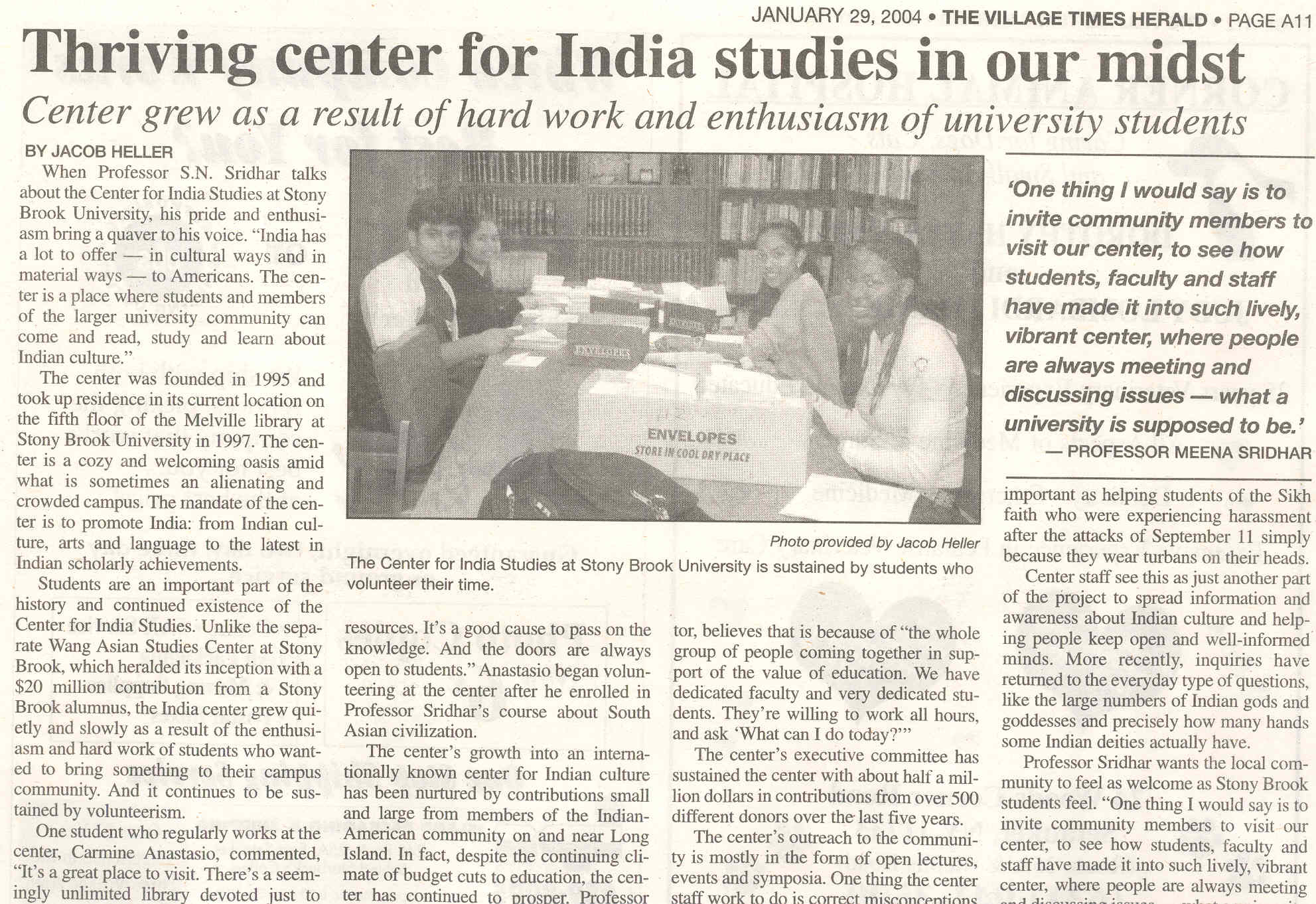 Newspaper with the article title "Thriving Center for India Studies"