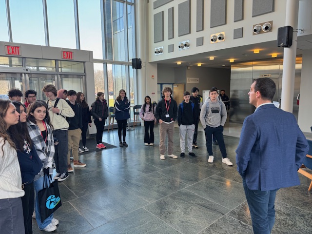 students in CEWIT lobby