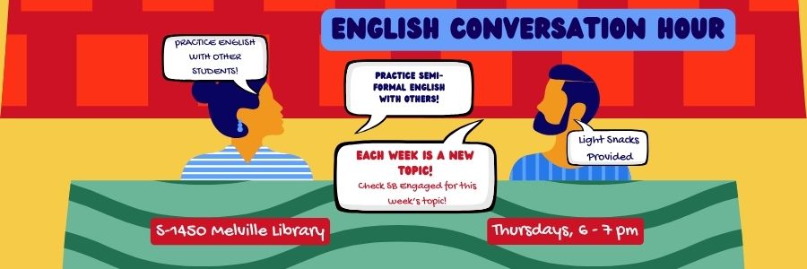 Two people talking about the English Conversation Hour