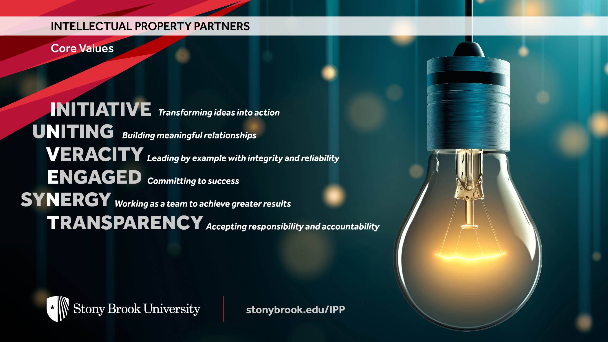 IPP Core Values: Initiative, Uniting, Veracity, Engaged, Synergy, Transparency