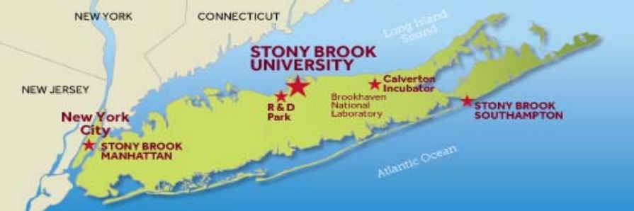 An image of long island with stars on the campuses related to SBU - Stony Brook, NYC, Southhampton and Calverton Incubator