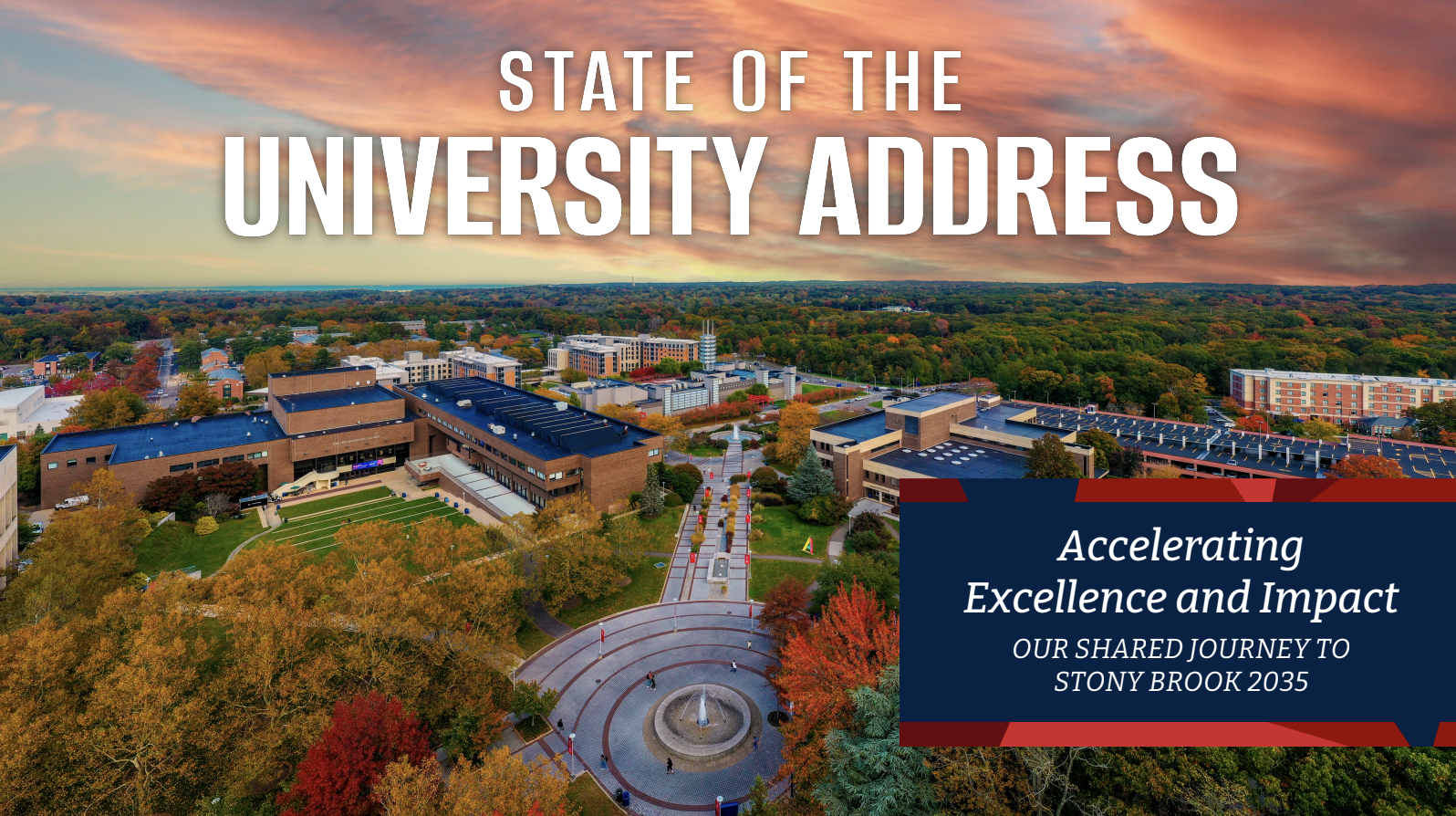 A slide showing university initiatives with text reading "ACCELERATE our excellence in research, education, healthcare and service..." above three images of students, a healthcare worker, and researchers.