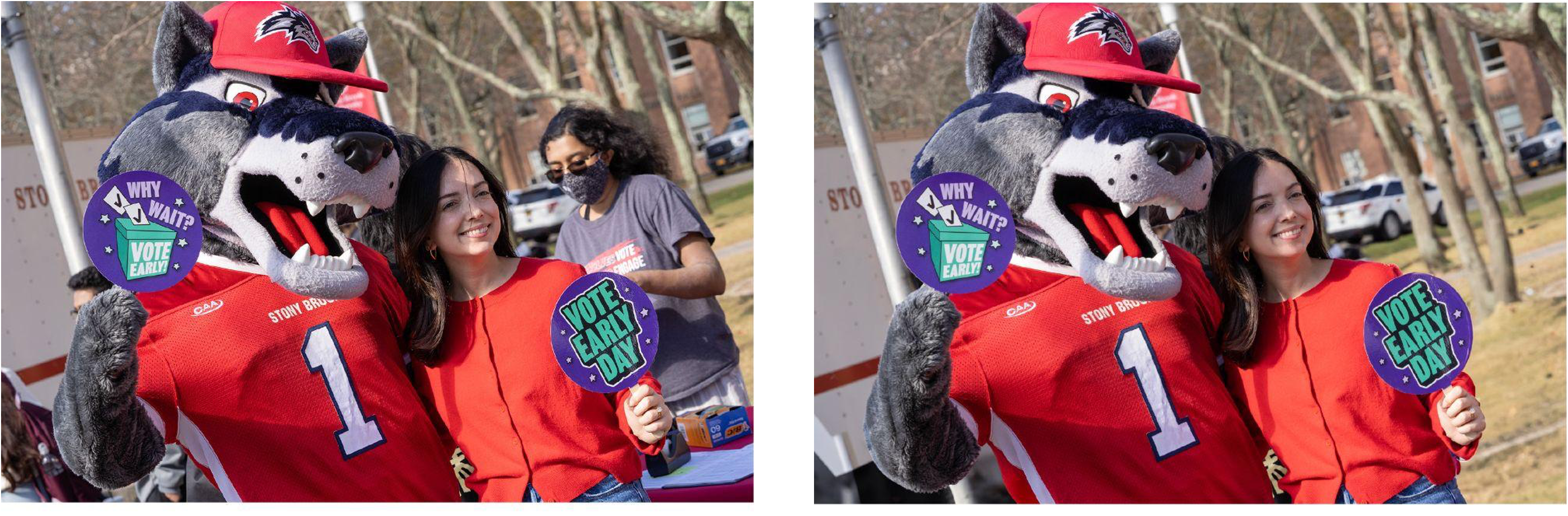 Two side-by-side photos show a person smiling next to a grey wolf mascot in a red jersey. The person holds a purple "VOTE EARLY DAY" sign. The photo on the left includes a third person in the background.