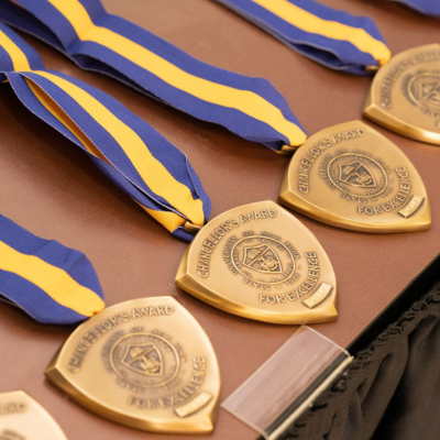 Diagonal row of gold medals with blue and gold ribbons