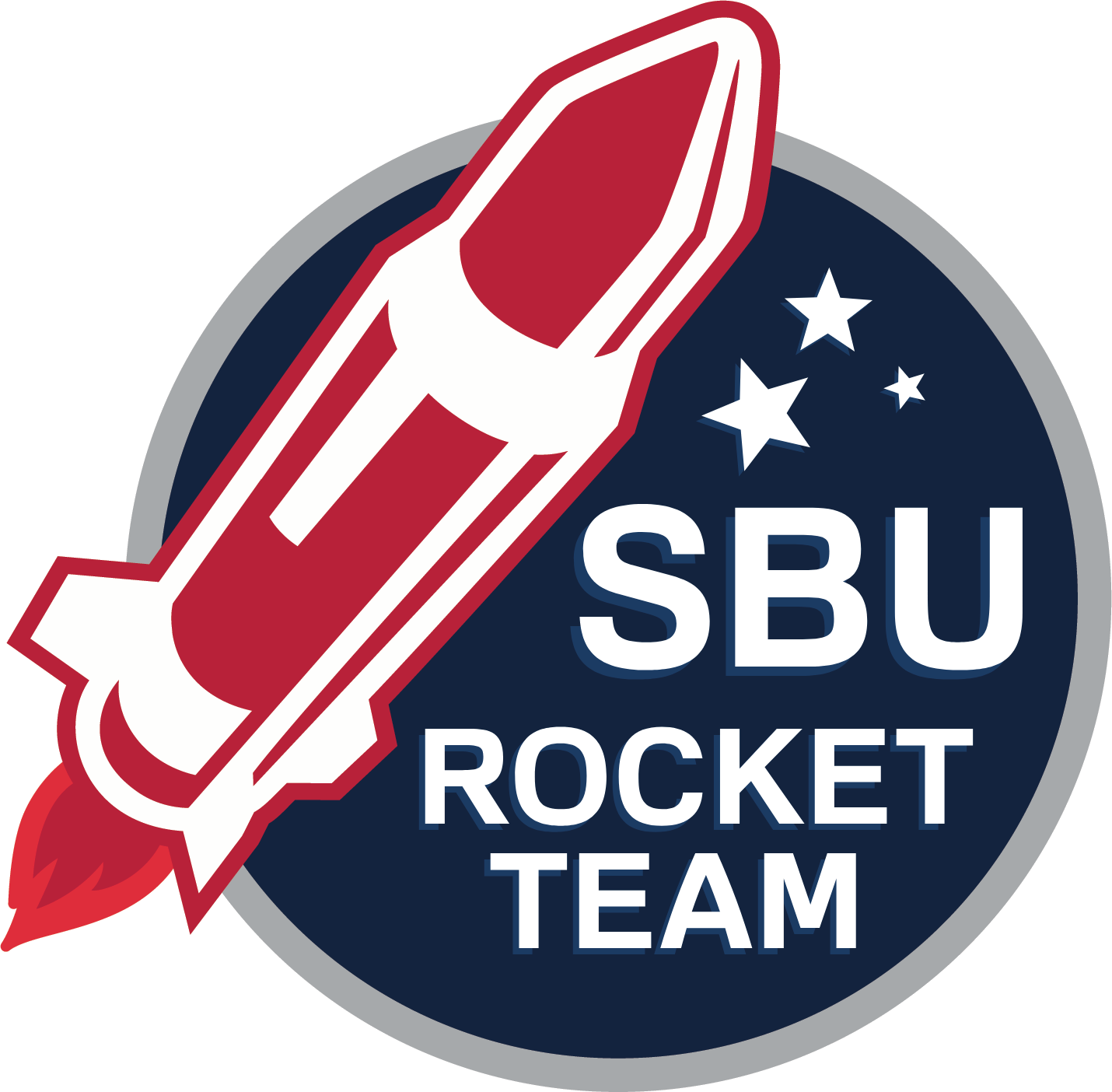 Red and White Rocket over a Black Circle with White Stars, Text reads: SBU Rocket Team